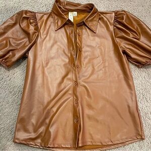 Misia Brown Puff Sleeve Blouse with Notched Collar